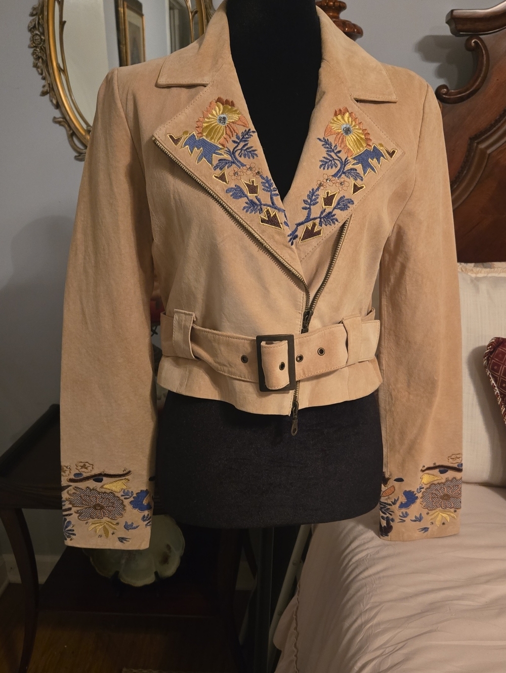 H&M Beige Suede Embroidered Belted Jacket